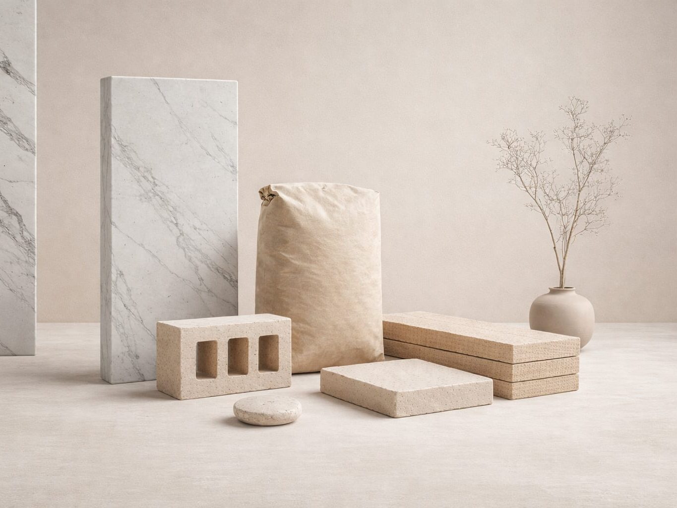 Conjunto de elementos en tonos neutros: texturas de piedra, papel y madera en un fondo suave.