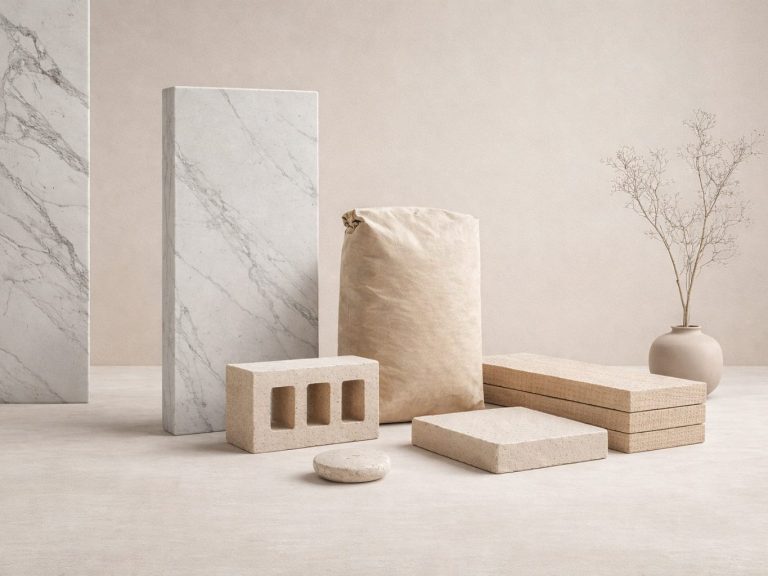 Composición de bloques y materiales en tonos beige y crema sobre fondo claro.