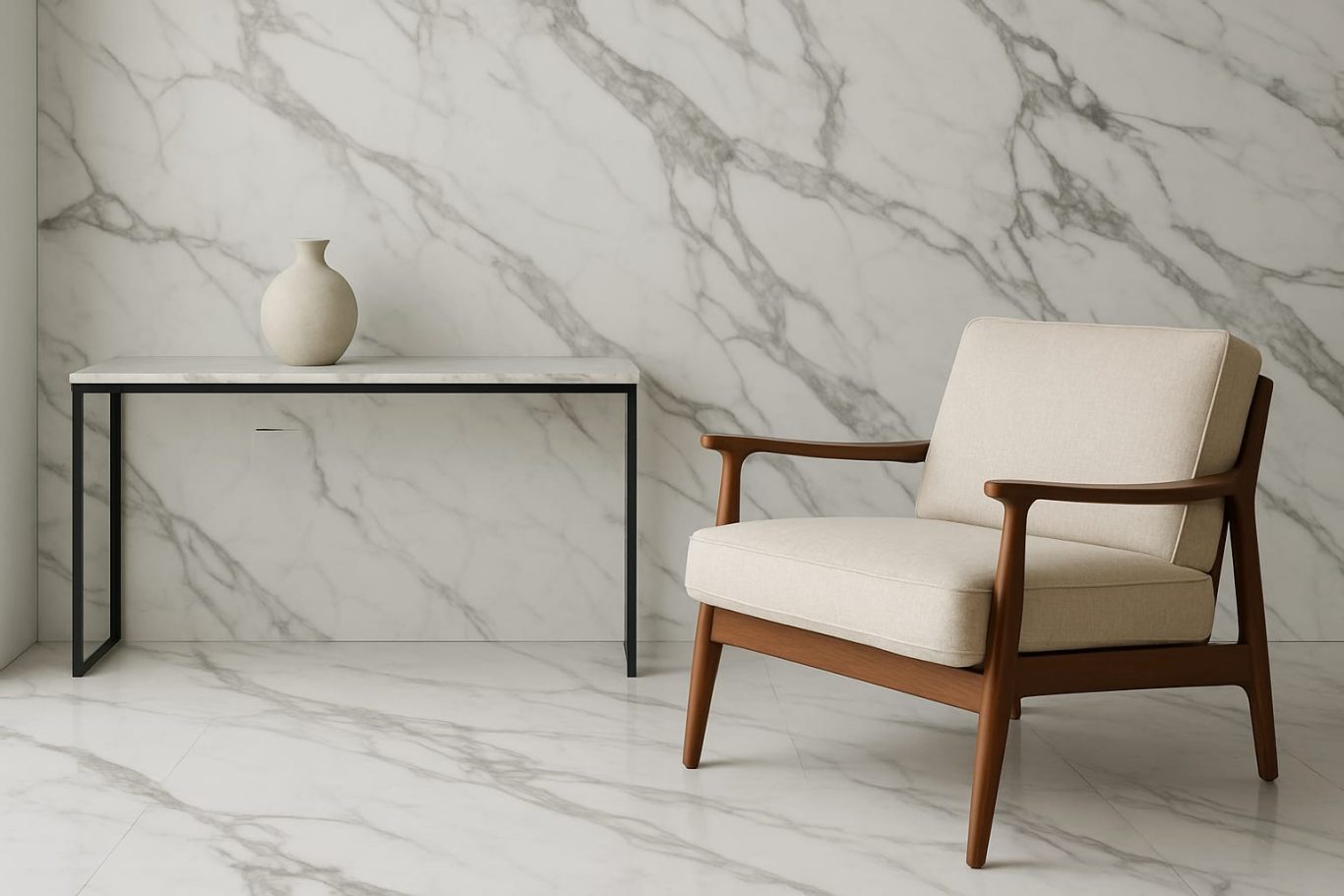 Sillón de madera clara con cojín crema junto a una mesa de mármol en una pared de mármol.