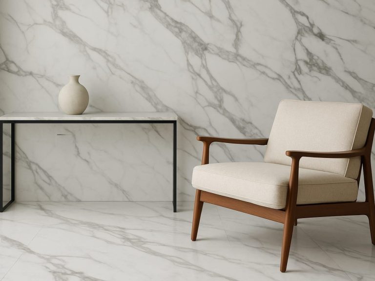 Silla de diseño moderno con cojín claro y mesa negra sobre fondo de mármol.