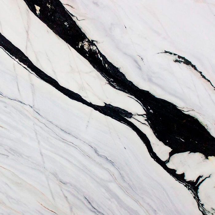 Mármol blanco con vetas negras, creando un patrón elegante y abstracto.